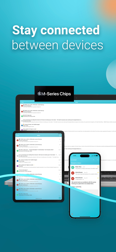 Cliente de correo electrónico Aqua Mail mostrado en un portátil, tableta y smartphone ilustrando la conectividad multidispositivo.