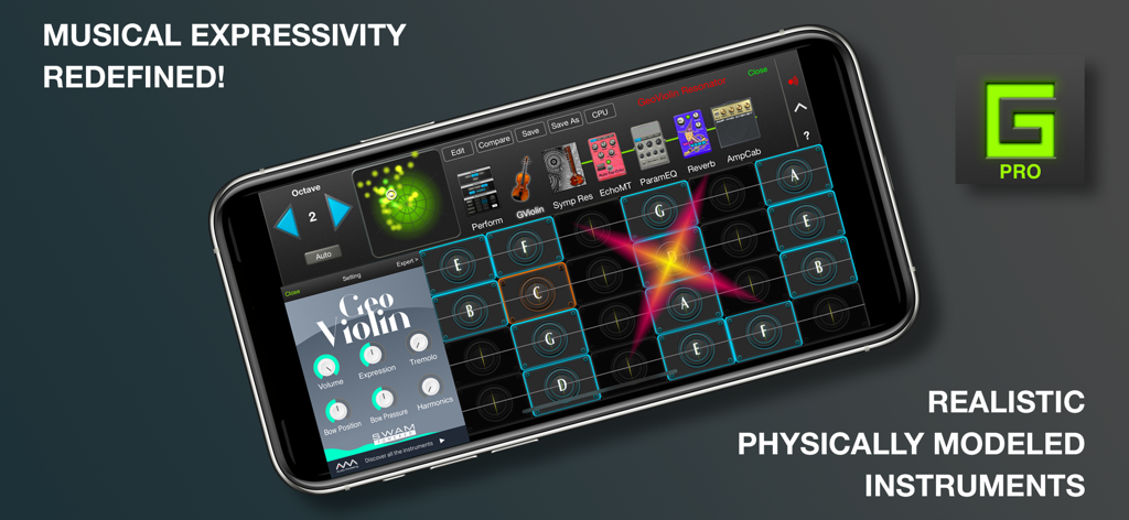 GeoShred Pro app interface on a smartphone screen showing the GeoViolin instrument and physical modeling controls.