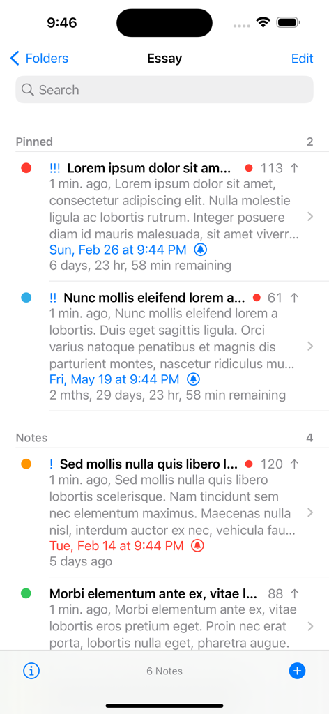 List of notes in the Large Text Notes app showing pinned items and color coded markers