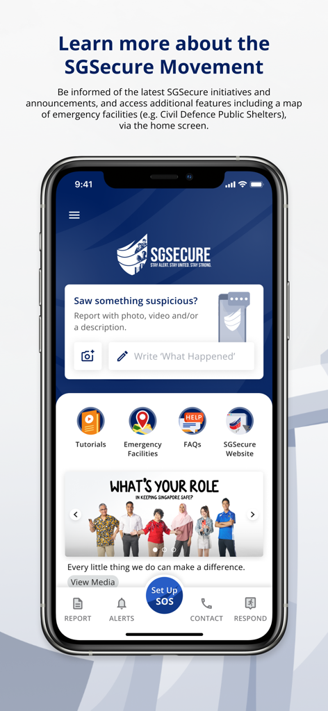 SGSecure - 緊急通報とコミュニティの安全機能を表示したSGSecureアプリのホーム画面が表示されているスマートフォン