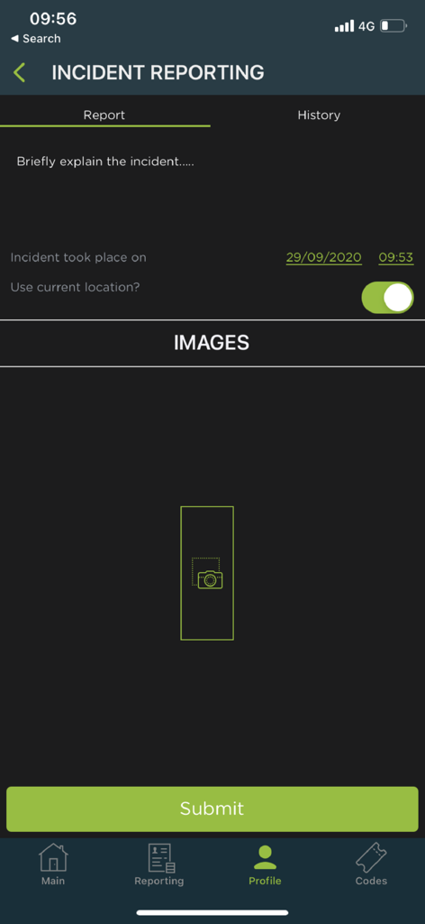 ClickOn Connect - ClickOn Connect mobile app interface showing the incident reporting screen with options to add a description, date, location, and photos.