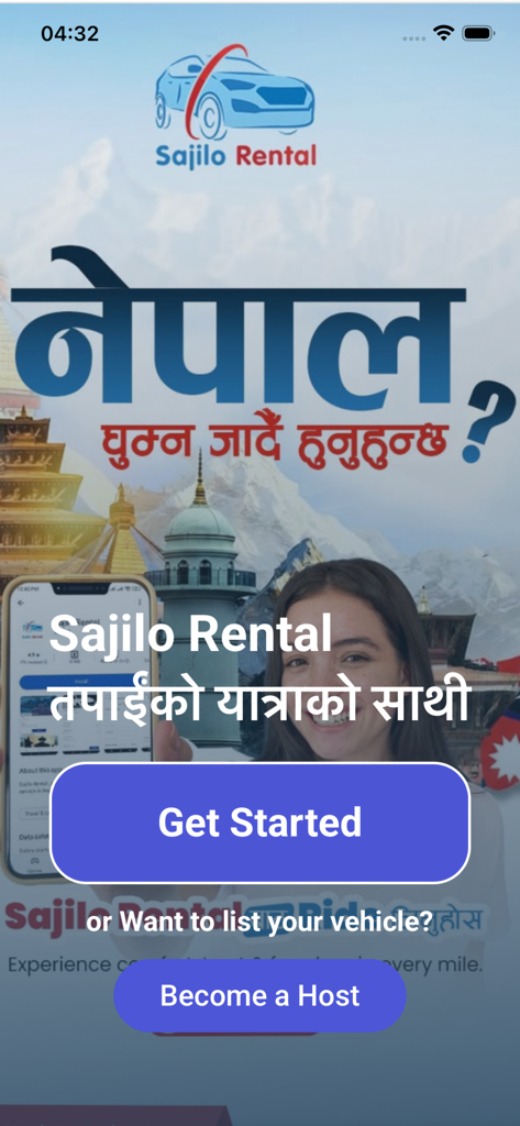 Sajilo Rental - Écran d'accueil de l'application Sajilo Rental avec des options pour réserver un véhicule ou devenir hôte, présentant un arrière-plan de montagnes et de temples du Népal.