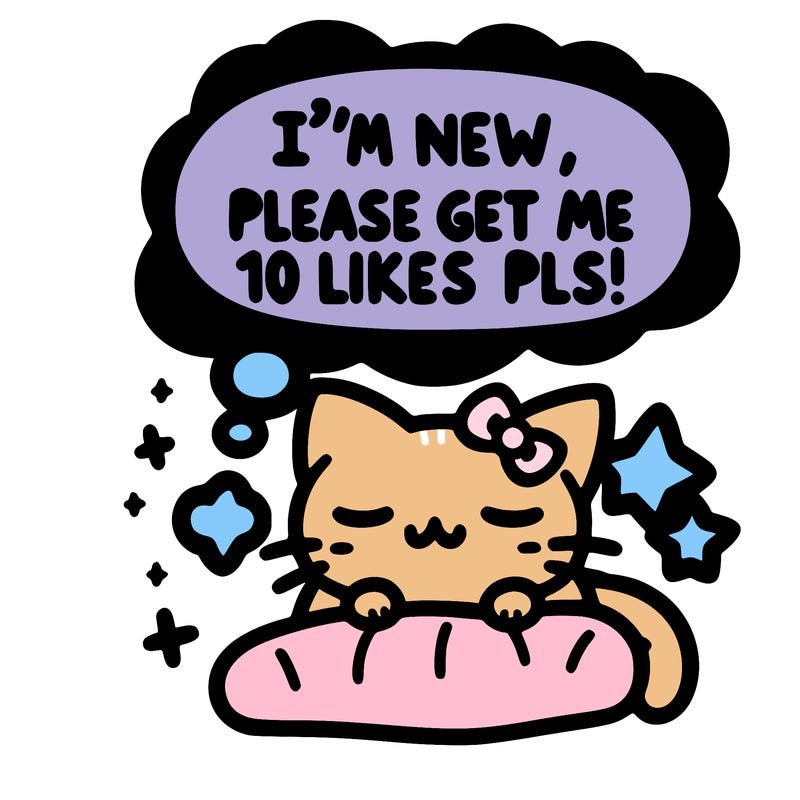 kitty taking a nap dream talking and saying "i'm new, please get me at least 10 likes pls!!"