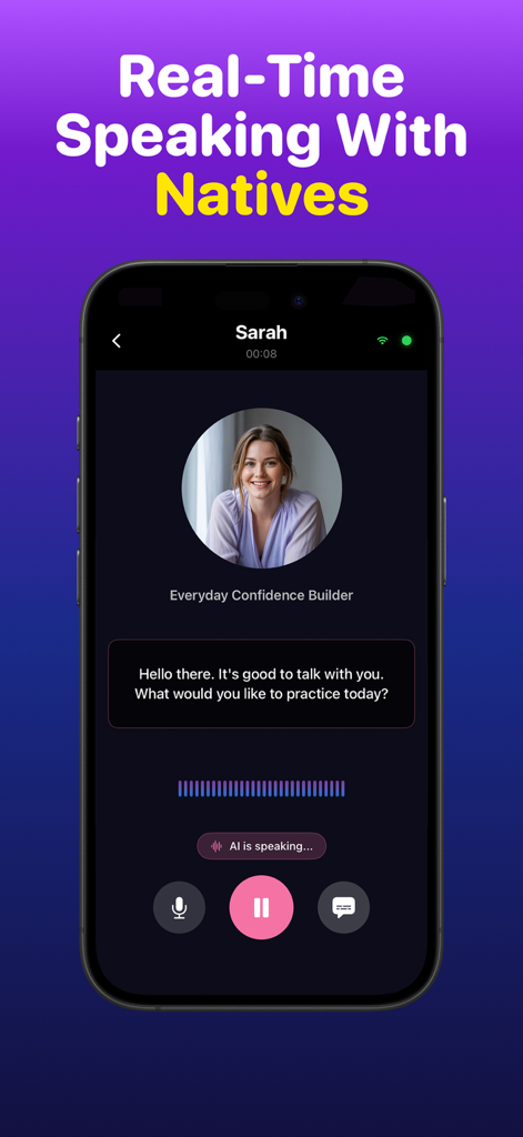 AI Speak English - Practice Me - Interfaz de la aplicación AI Speak English que muestra una conversación en tiempo real con un tutor virtual nativo.