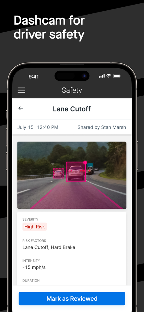 Motive Driver app showing a high risk lane cutoff safety event captured by a dashcam