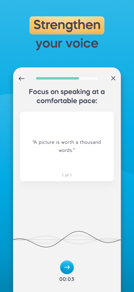 Speeko app interface showing a voice training exercise to improve speaking pace with the text A picture is worth a thousand words.