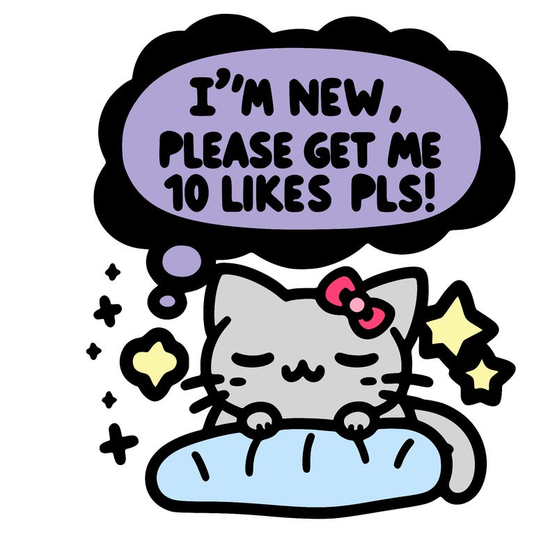 kitty taking a nap dream talking and saying "i'm new, please get me at least 10 likes pls!!"