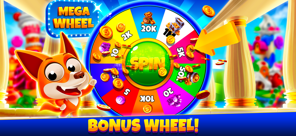 Xtreme Bingo! Slots Bingo Game - Une roue bonus colorée dans Xtreme Bingo avec un renard de dessin animé et divers montants de prix en pièces