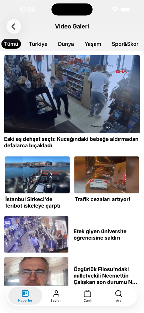 Pantalla de la galería de videos de la aplicación móvil NTV mostrando miniaturas de videos de noticias turcas y pestañas de categorías