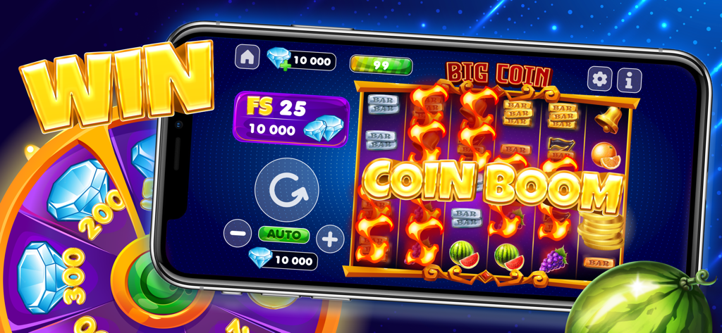 Lucky Spin Casino app interface on a smartphone showing a big coin slot machine win with a bonus wheel and diamond rewards