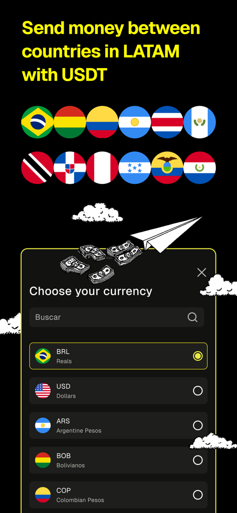 El Dorado: P2P Exchange - El Dorado app interface for sending money between Latin American countries using USDT and multiple local currencies