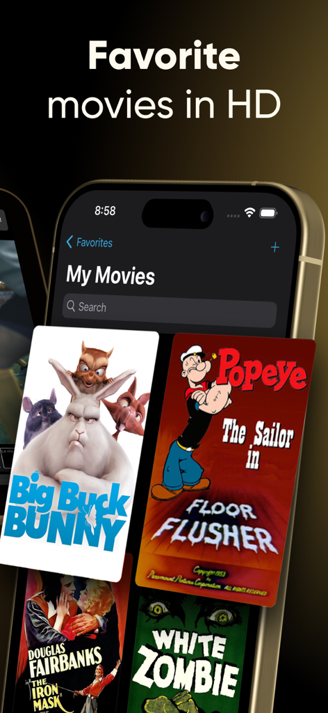 IPTV Streamer Pro - Interface de l'application mobile IPTV Streamer Pro affichant une liste de films préférés en qualité HD