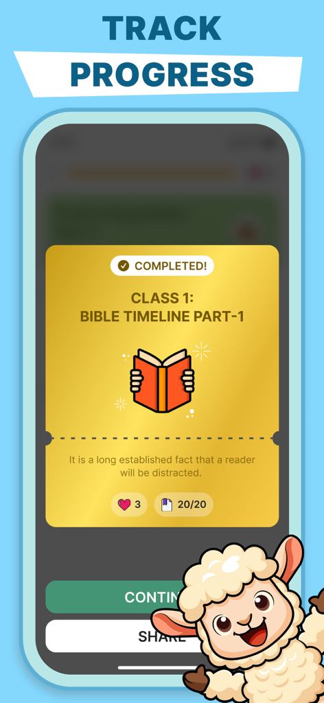 Bible for Beginners in a Year - Screenshot der App 'Bibel für Anfänger', der einen Bildschirm mit einer abgeschlossenen Lektion mit Details zur Fortschrittsverfolgung und einem Cartoon-Schaf zeigt.