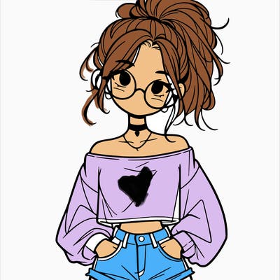 girl with a messy ponytail glasses a baggy crop top and jean shorts