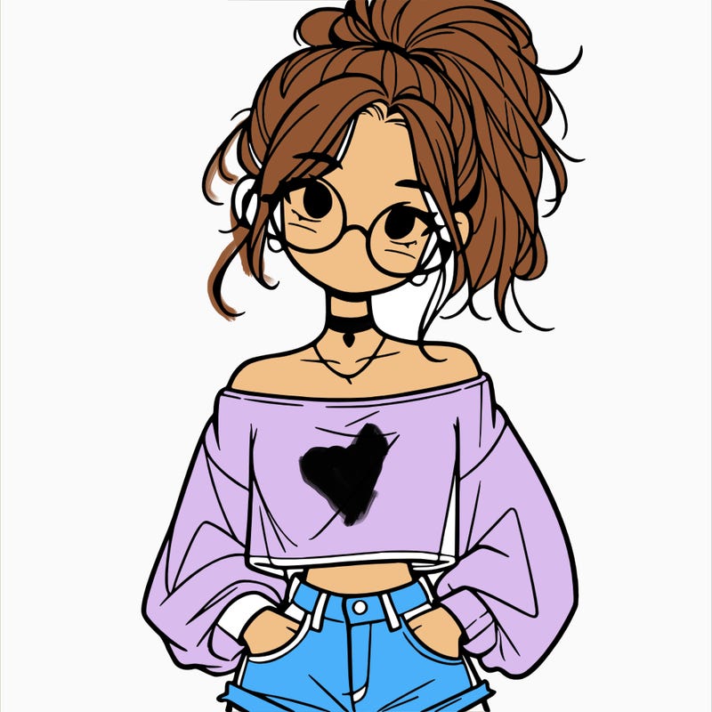 girl with a messy ponytail glasses a baggy crop top and jean shorts