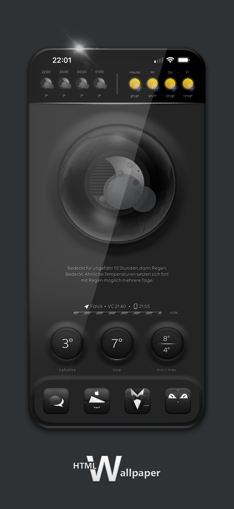 統合された天気ウィジェットとカスタムアプリアイコンを備えた、暗く未来的なiOS壁紙。