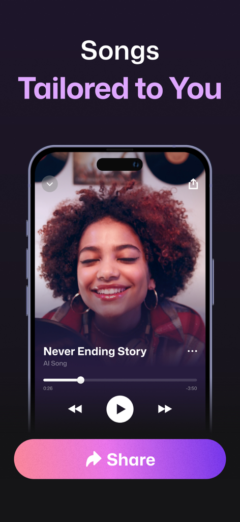 AI Song Generator: Magic Music - Interfaz de la aplicación AI Song Generator que muestra un reproductor de música con una canción personalizada y un botón para compartir.