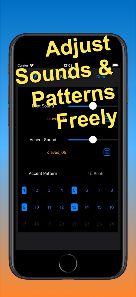 Una pantalla de configuración en CC Metronome que muestra controles deslizantes de volumen para sonidos de pulso y acento y una cuadrícula para personalizar patrones de acento.