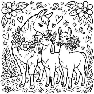 This heartwarming coloring page captures the special bond of a llama family celebrating Mother's Day. Adorned with flowers and surrounded by love, it's a perfect activity to share with your loved ones.