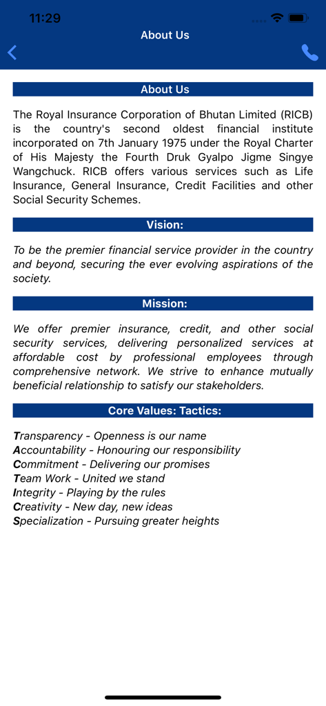 MyRICB app About Us screen displaying company vision mission and core values
