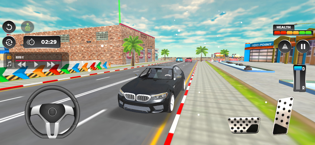 Gameplay des US Car Driving Simulator Spiels, das ein schwarzes Auto auf einer Stadtstraße mit Lenkrad und Pedalen auf dem Bildschirm zeigt