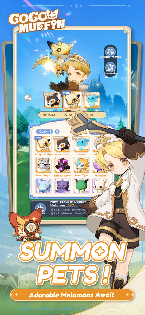 Go Go Muffin - A screen from the Go Go Muffin mobile game showing the summoning interface for various cute Melomon pets.