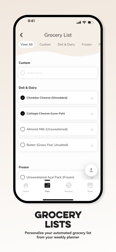 Clean Simple Eats + - Aplicativo Clean Simple Eats plus mostrando uma lista de compras automatizada com categorias de laticínios e congelados