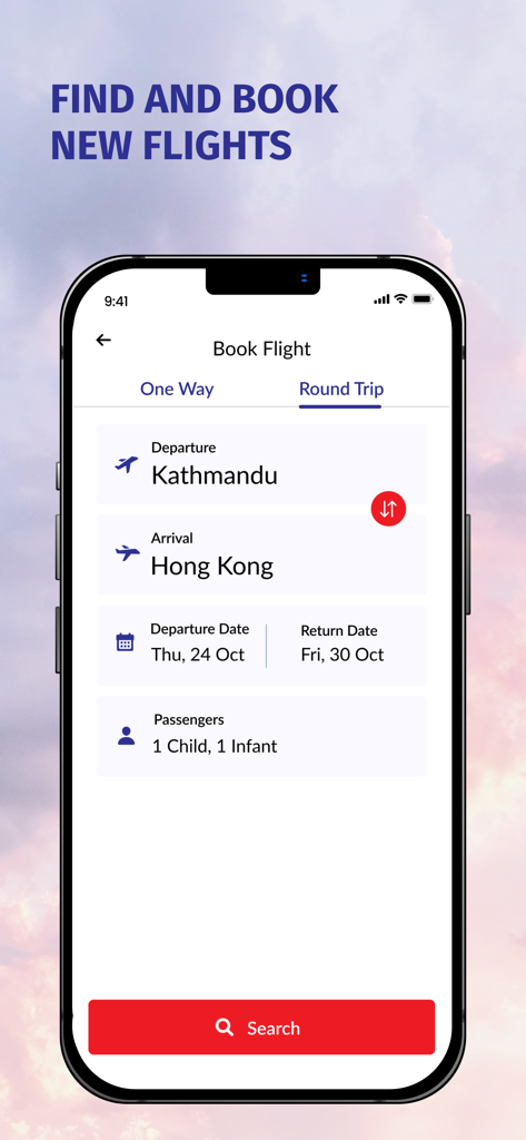 ネパール航空インターナショナルのアプリで、カトマンズから香港への往復検索が表示されているフライト予約画面。