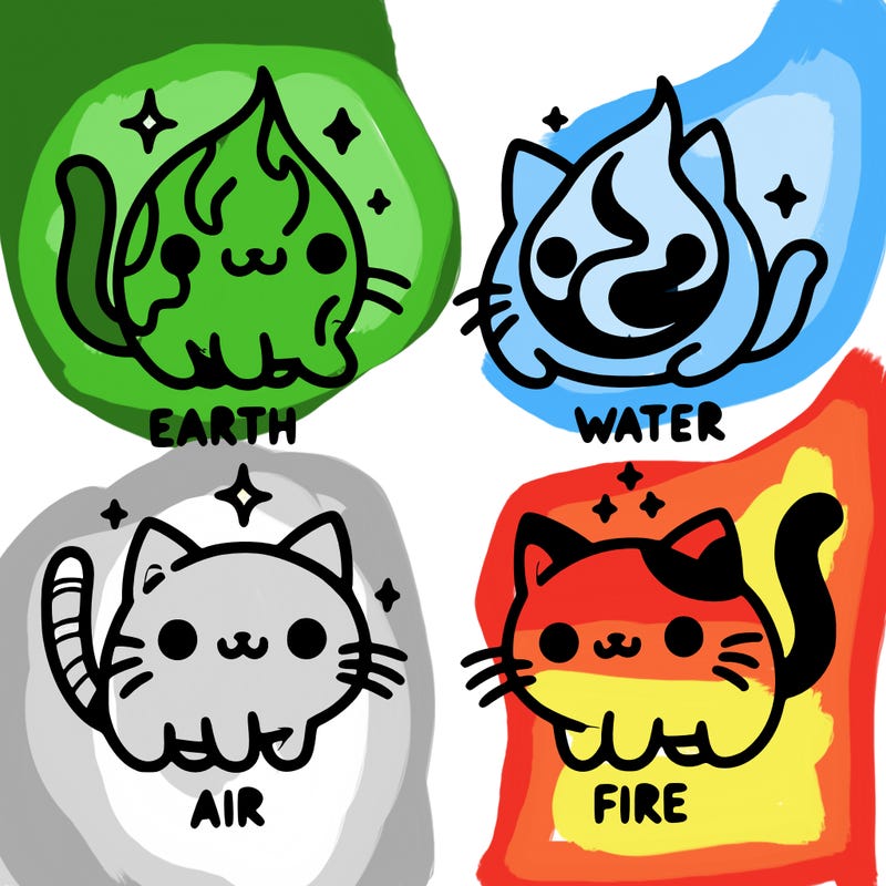 4 cats that represent the different elements, earth, water, air, and fire