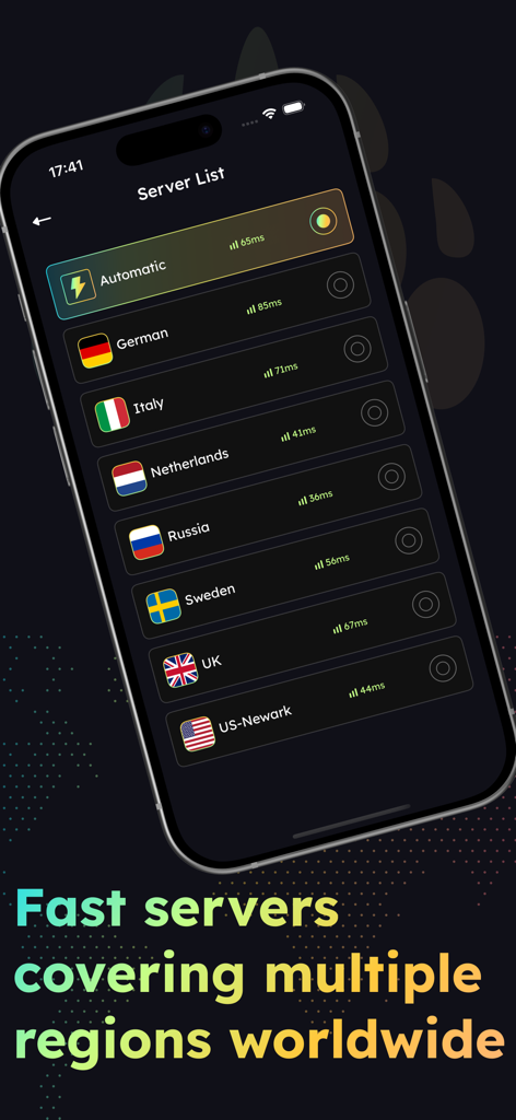VPN - Bear VPN Proxy Master - Screenshot of Bear VPN app showing a list of fast global servers in multiple countries
