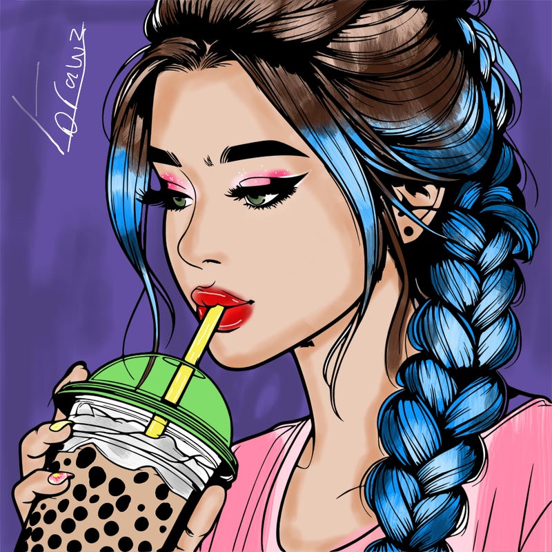 realistic girl drinking boba tea with braided hair