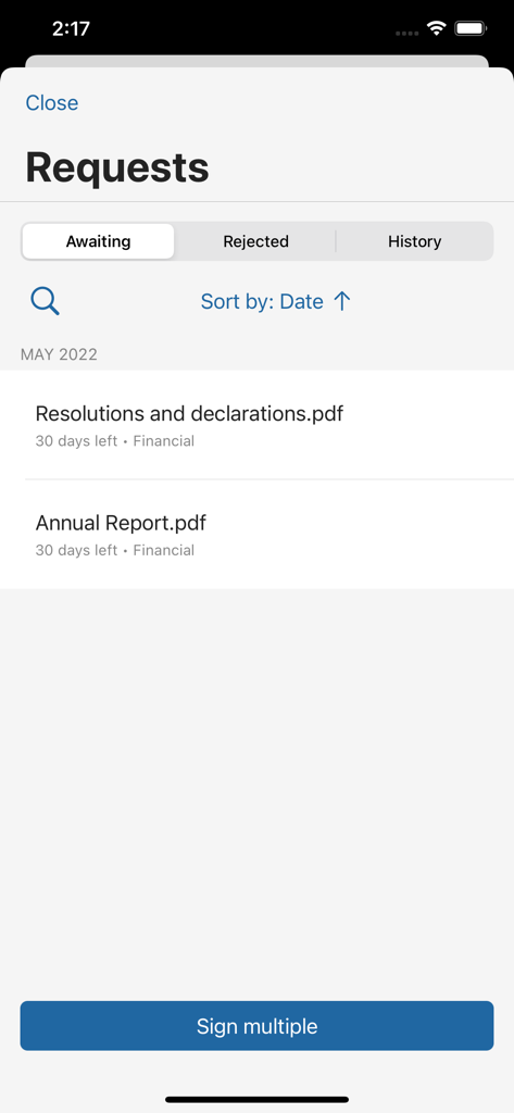 Interface mostrando documentos corporativos aguardando assinatura eletrônica no aplicativo Admincontrol