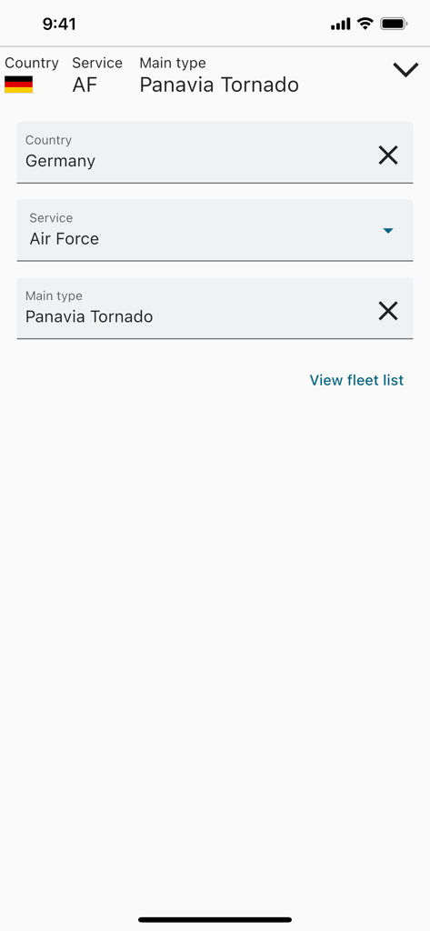 Plane DB - Interfaz de búsqueda en la aplicación Plane DB que muestra filtros para País Alemania Servicio Fuerza Aérea y Tipo principal Panavia Tornado.