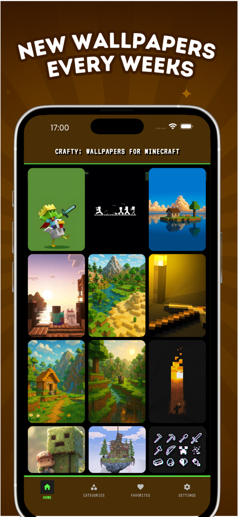 Minecraft風の壁紙と風景のグリッドを表示するCraftyアプリのiPhone画面