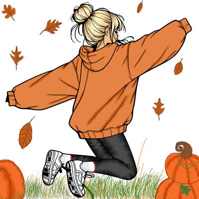 realistic girl jumping with a bun and oversized sweatshirt
