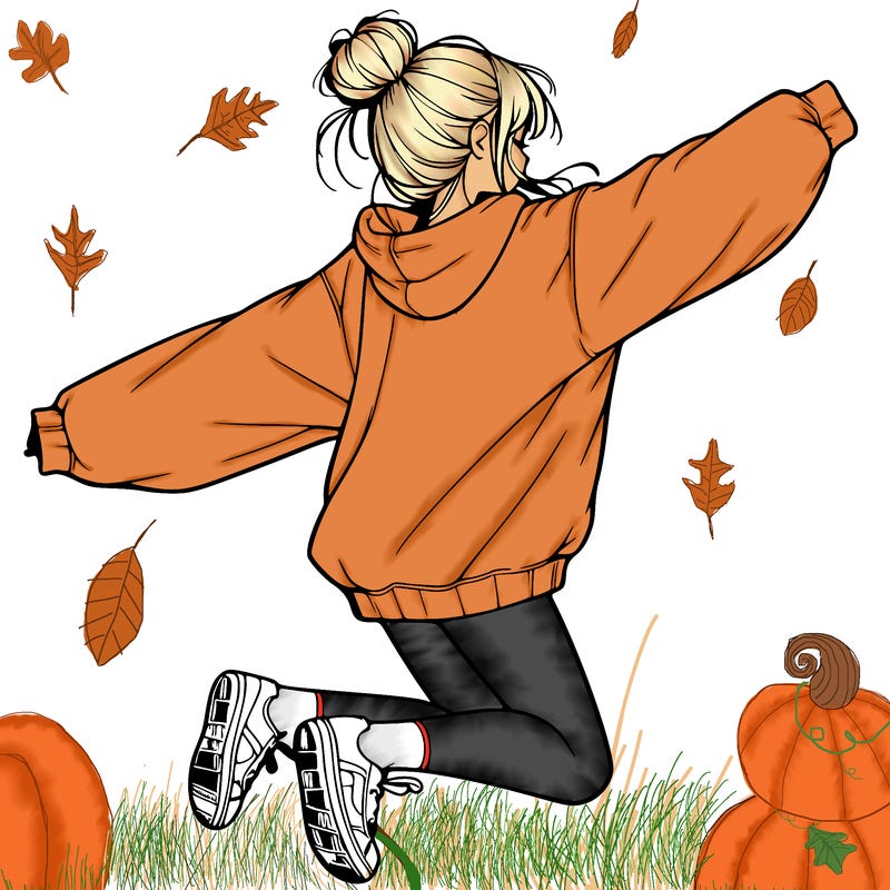 realistic girl jumping with a bun and oversized sweatshirt