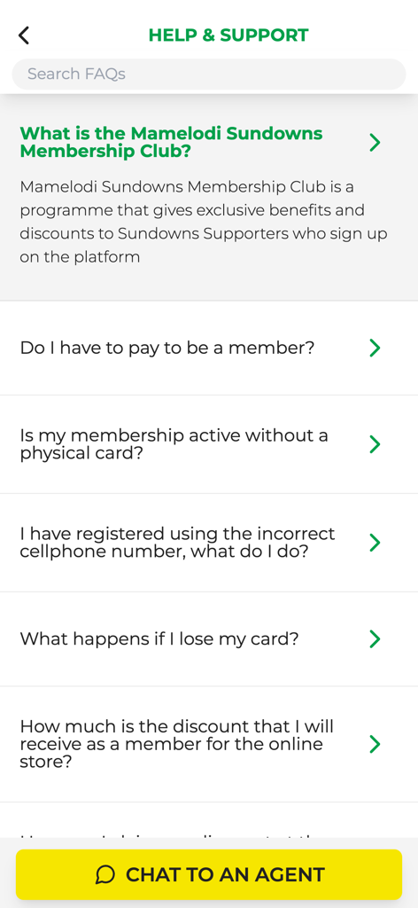 Mamelodi Sundowns Official App - Mamelodi Sundowns app help and support screen showing membership FAQs and a live chat button