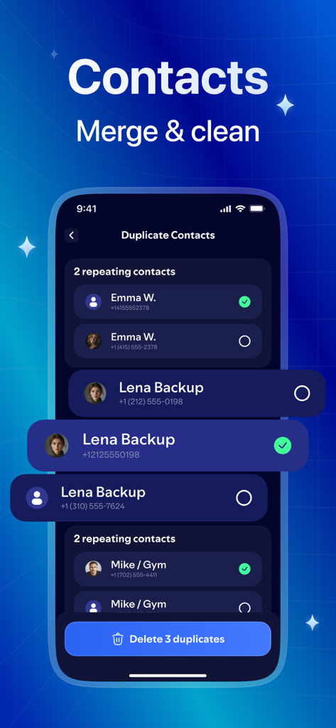 Cleaner Rocket - Smartphone screen showing the Cleaner Rocket app interface for identifying and merging duplicate contacts with a delete duplicates button