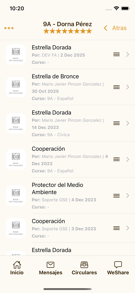 SEDUCA - Students - A list of academic awards and recognitions for a student in the SEDUCA Students app interface