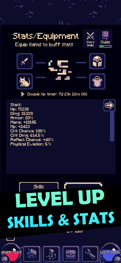 OneBit Adventure - OneBit Adventureのキャラクターのステータスと装備メニュー。ヒーローの属性とピクセルアートの装備が表示されている。