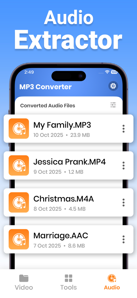 Video to MP3 Converter ‣ - Interface of the Video to MP3 Converter app displaying a list of extracted audio files in various formats like MP3 and M4A.