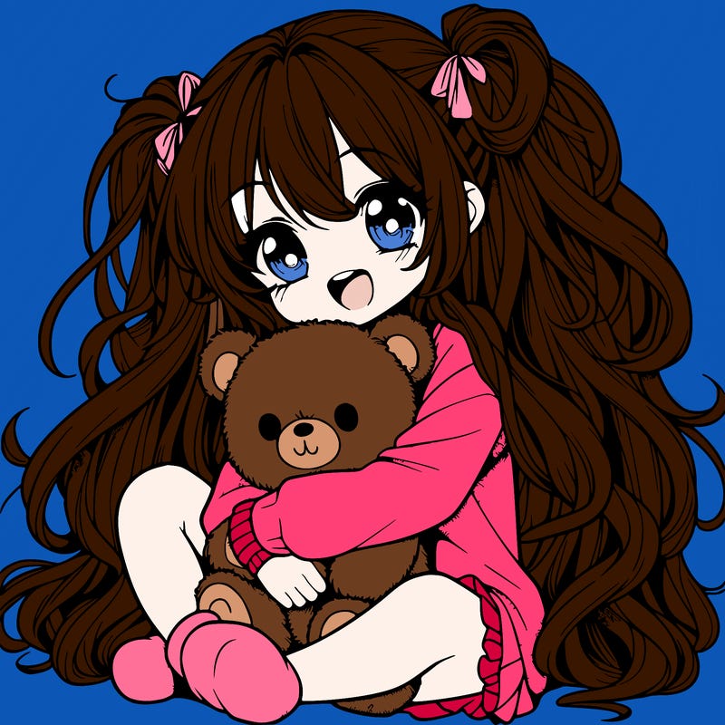 manga girl, long curly hair, happy, cuddling a teddy bear