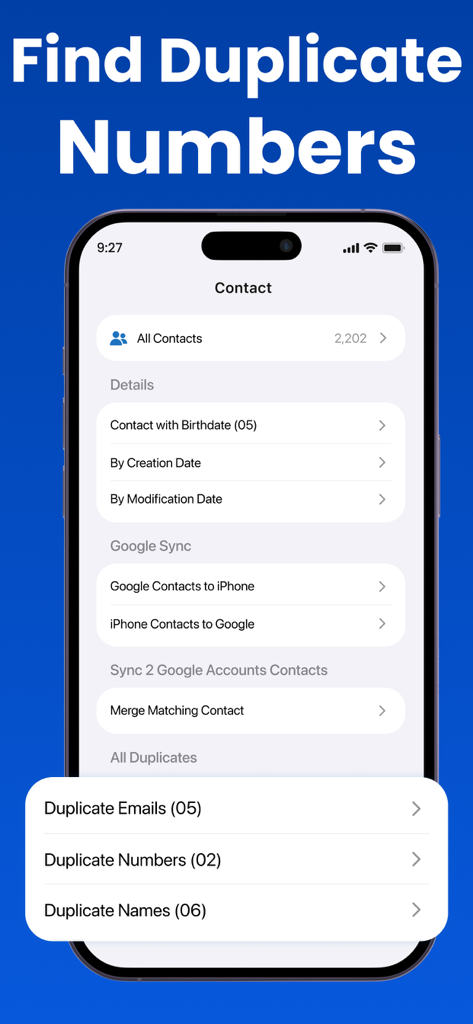 A smartphone screen displaying the find duplicate numbers feature in the CallerID app