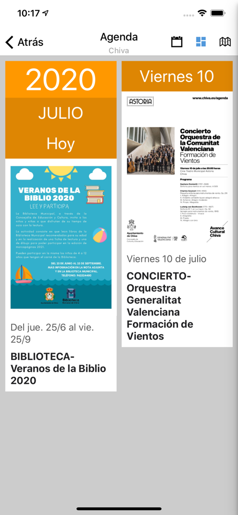 Ajuntaments de València - Schermata dell'agenda eventi dell'app mobile Ajuntaments de Valencia che mostra concerti locali e attività della biblioteca a Chiva