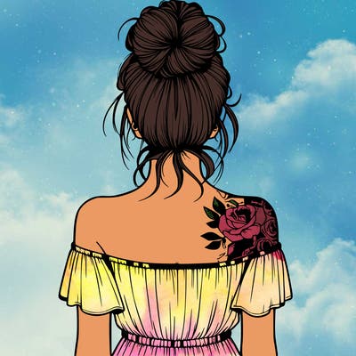 realistic women’s space bun hairstyle from behind with tattoos on her back and off the shoulder tank top dress