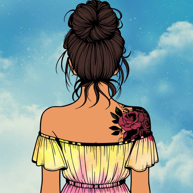 realistic women’s space bun hairstyle from behind with tattoos on her back and off the shoulder tank top dress