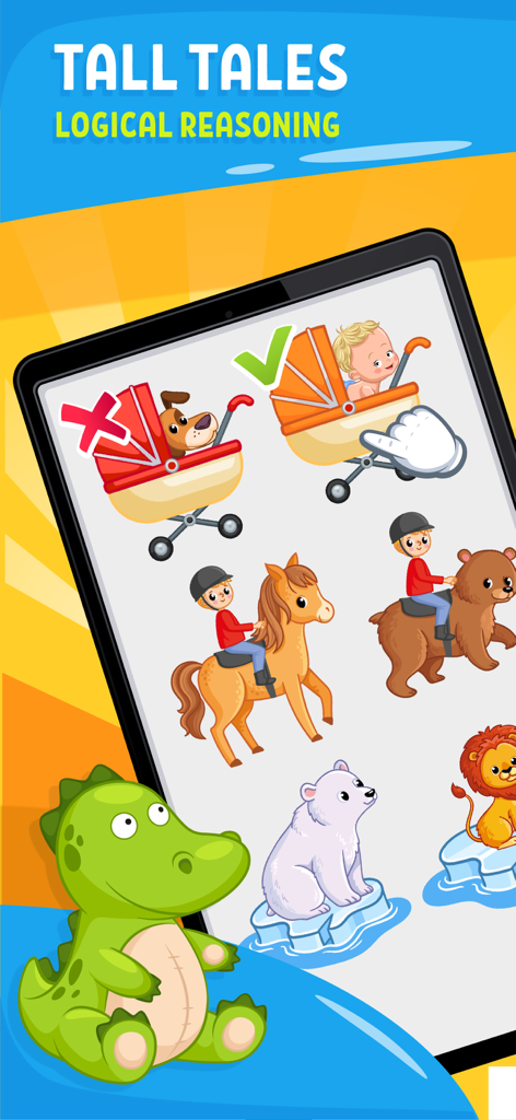 Pantalla de la aplicación Brainy Kids que muestra un juego de razonamiento lógico para niños pequeños con rompecabezas de emparejar animales y objetos.