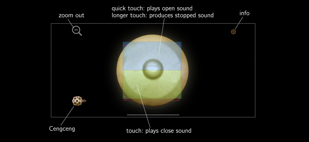 Ketuk Cengceng - Interfaz de la aplicación Ketuk Cengceng que muestra instrucciones de control táctil para tocar instrumentos de Gamelán balinés