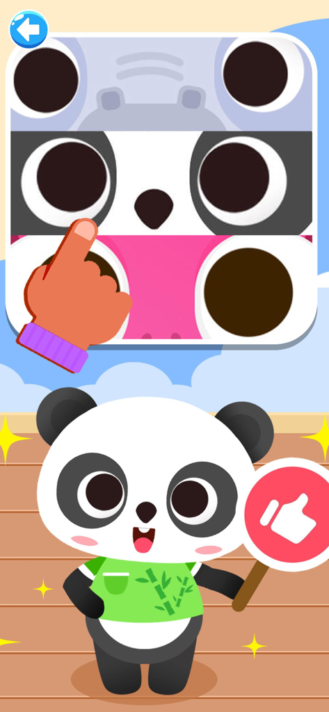 Kids Puzzle ABC Learning Games - A cartoon panda character holding a thumbs up sign below an interactive animal matching puzzle for toddlers.