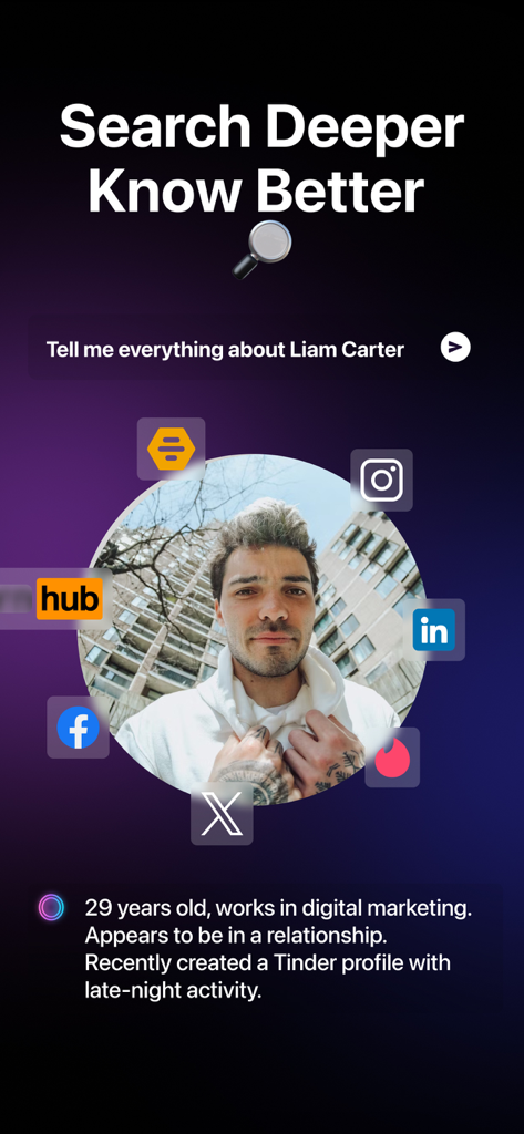 DeepSearch app screen showing a person search with AI generated summary and social platform links